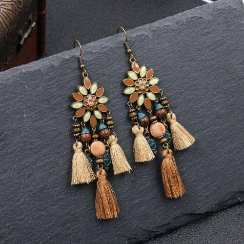 European & American Style Long Earrings Bohemia Hot Alloy Oil Drop Flower Rice Bead Tassel Earring Unique Design Women Jewelry