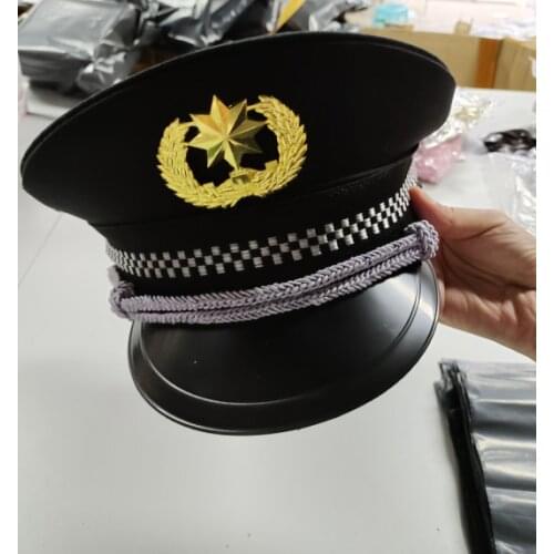 1 piece Army Officer Visor Security Guard men women Badge Police Hat Black Captain Flat Top Stage Performance Military Cap