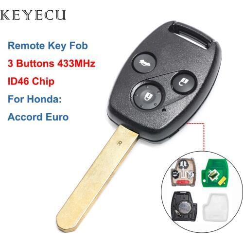 Keyecu Remote Key Fob 3 Buttons 433Mhz ID46 Chip for Honda Accord Euro 2007 2008 2009 New Keyless Entry Car Key