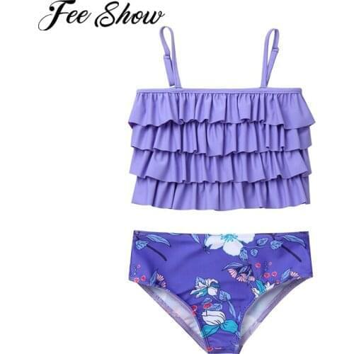 2Pcs Beach Bikini Set Kids Girls Floral Print Swimwear Layered Ruffle Adorned Top and Bottoms Swimwear Two-Piece Bathing Suits
