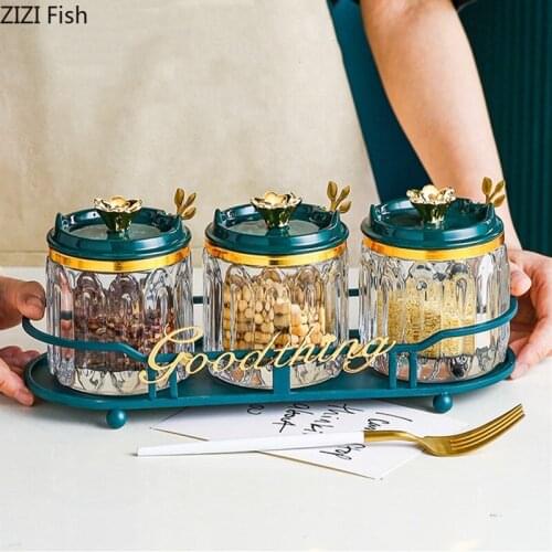 Creative Glass Spice Jar 3/4 Piece Set with Metal Tray Kitchen Salt Pepper Spice Jar Set Modern Home Condiment Storage Tools