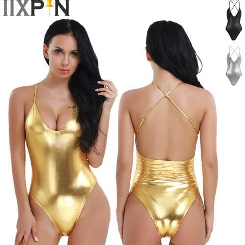Women Adult Shiny Ballet Leaotard Dance Patent Leather Spaghetti Shoulder Straps Deep V Thong Monokini Bodycon Dance Leotards