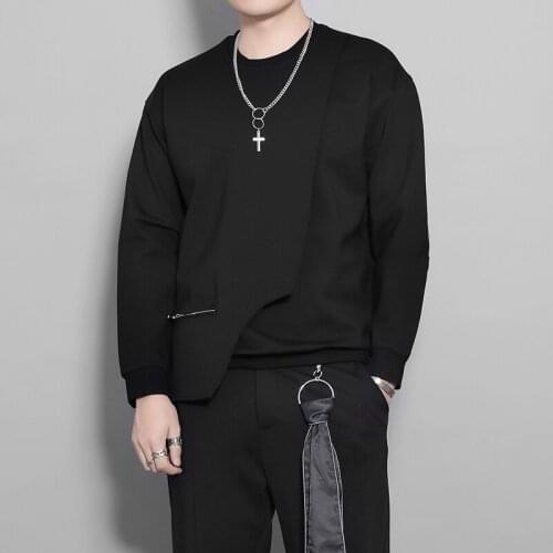 Mens Personality Long Sleeve T-Shirt Autumn Round Collar Solid Color Personality Irregular Zipper Stitching Design T-Shirt