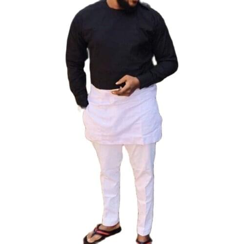 Latest Native Style Man Shirts With Pants For Formal Occasion Tailor Made African Fashion Black/White Tops+ Solid Trousers