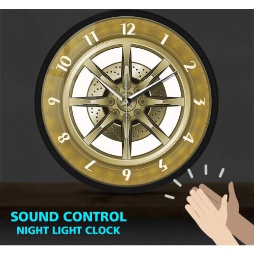 Car Service Repair Garage Metal Frame Luminous Wall Clock Sound Activated Tire Wheel Auto Watch Mechanic Car Home Decor Horologe