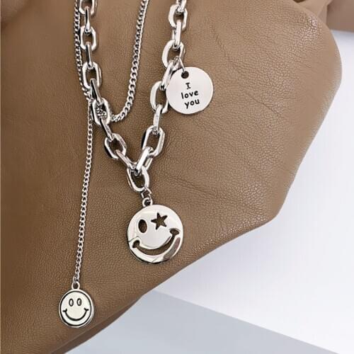 Vintage Round Brand Letter I LOVE YOU Hollow Smile Face Necklace Thai Silver Color Fashion Lock Chian Necklace For Women