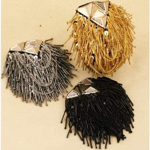 ZY DIY Gift Provided! Vintage PUNK cool quality gold silver black pyramid tassel epaulet Badge bead badge