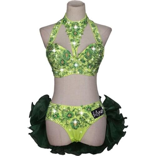 Rhinestone Jazz Dance Costume Women Latin Dance Salsa Dress Jumpsuit Green Embroidery High Slit Sexy Performance Clothing