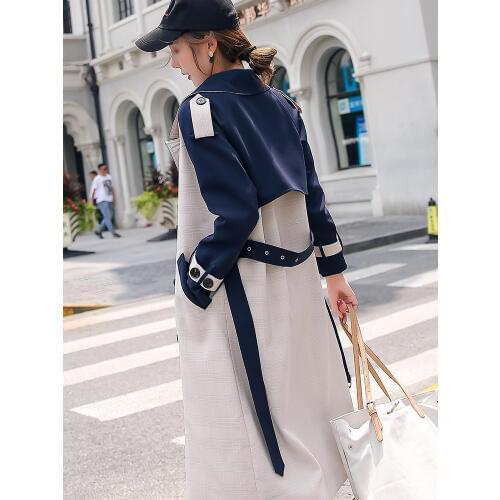 Hit Color Women Long Windbreaker British Style Over Knee Turn Down Collar Long Sleeve Double Breasted Autumn Trench Coat