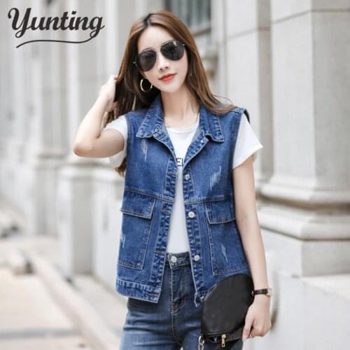 Vintage Blue Denim Vest Women Korean Casual Waistcoat Plus size 3XL Slim Short Female Frayed Jeans Vests Sleeveless Jacket Coat