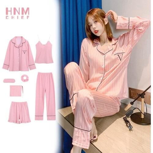 V Letter Pajamas Set Pink Stripe Pyjamas Suit Womens Worsted Sleepwear Long Sleeve Top/Vest+Pants/Short Nightgown Sexy Homewear