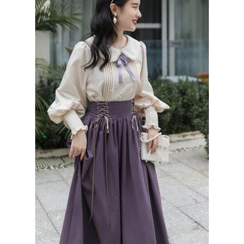 3 Colors Modern Vintage Style Women Outfits Sweet Bow Peter Pan Collar Lantren Sleeve Shirt & Bandage Elastic Skirt 2 Piece Sets