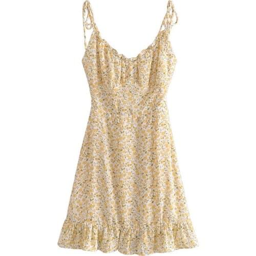 2021 Small Yellow Floral Print Ruffles summer Dress Vintage Adjust Spaghetti Straps Vestido Fashion Women Mini Dresses