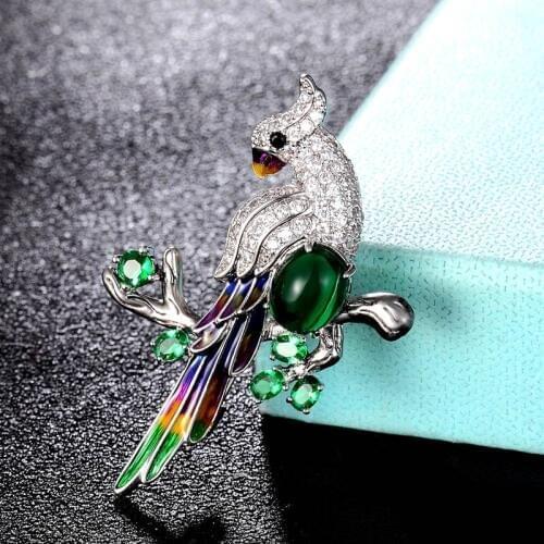 Zlxgirl Metal copper Green parrot birds Brooches Men Cubic Zircon Wedding Party Jewelry Hijab Pins Clothes Suit Accessories