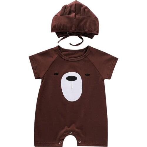 2021 Summer 2Pcs Newborn Baby Boy Outfits Short Sleeves Cartoon Bear Print Romper with Hooded Cap Set