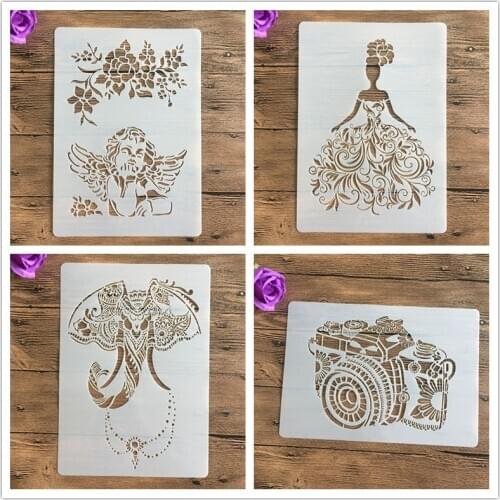 4pcs / set A4 Beauty wedding camera elephant Stencils Painting Coloring Embossing Scrapbook Album Decorative Template