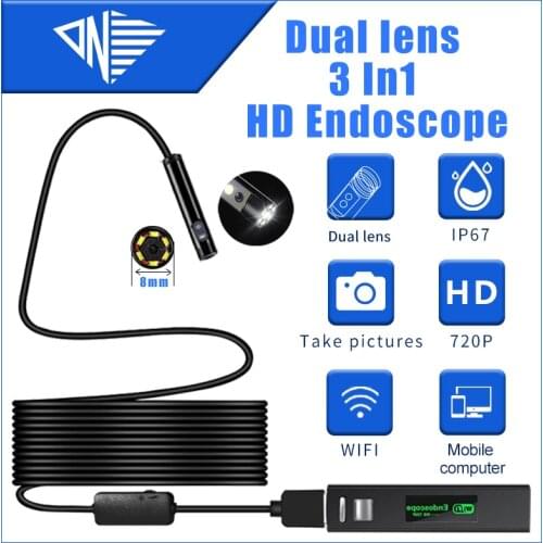 Wifi 8mm Dual Lens 2MP Car Endoscope 3 in 1 Type C USB Micro Connect Boroscope Flexible Camera Industrial Tube Inspection