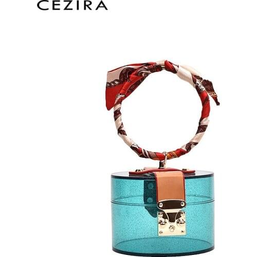 CEZIRA Fashion Design Transparent Acrylic Handbags For Women Scarf Round Handle Bucket Ladies Barrel Shaped Box Luxury Girls Bag