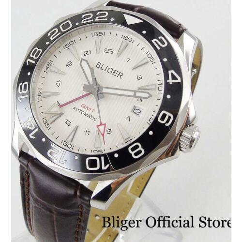 New Arrival White BLIGER Brand Silver Color Automatic Men Watch Ceramic Bezel 41mm Wristwatch GMT Date Function Leather Strap