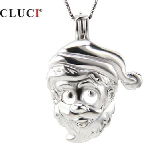 CLUCI 925 Sterling Silver Jewelry Christmas Grandpa Cage Pendants Christmas Charm Santa Claus Shaped Wish Pearl Locket SC168SB