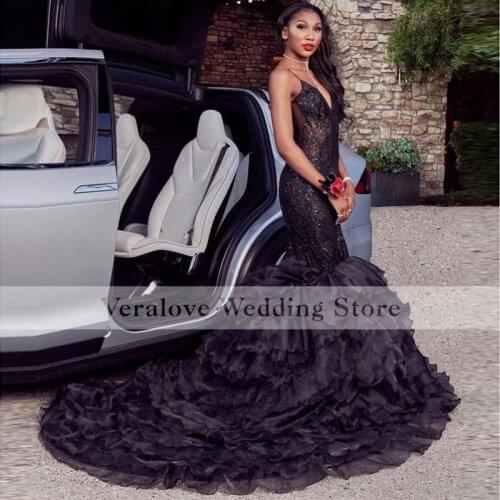 Long Mermaid Black Sequins Lace Evening Dress Mermaid 2K21 Spaghetti Straps Prom Dress Princesse Cocktail Graduation Gowns