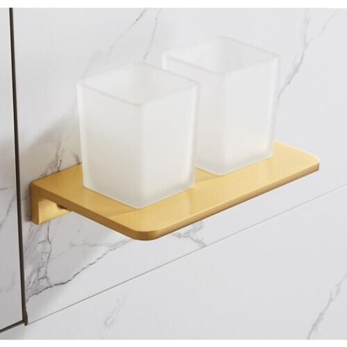 Nordic Modern Golden Double Cup Holder Light Luxury Space Aluminum Bathroom Accessories Glass Wall-mounted Toothbrush Cup Holder