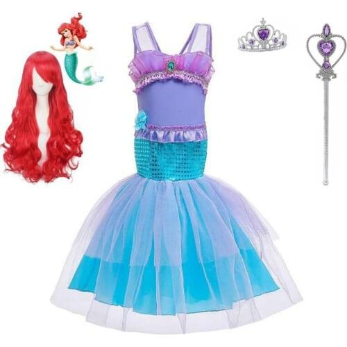 Feverbary Girls Kids Cosplay Mermaid Costume Halloween Carnival Formal Dress Birthday Party Holiday Red Mermaid Wig