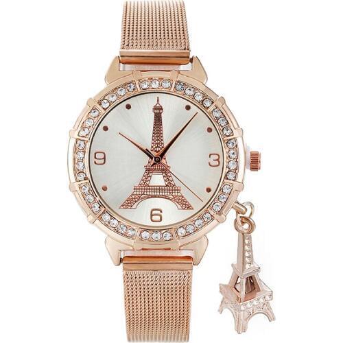Gnova Platinum Hot Sale Women Quartz Watch Eiffel Tower Rhinestone Charm Pendant Fashion Female Wristwatch Relogio Feminino C007