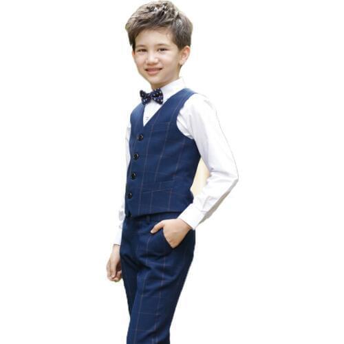 4pcs Flower Boys Wedding Dress Clothing Sets Kids Striped Vest Shirts Trousers Bowtie Outfits Children Host Piano Party Costume