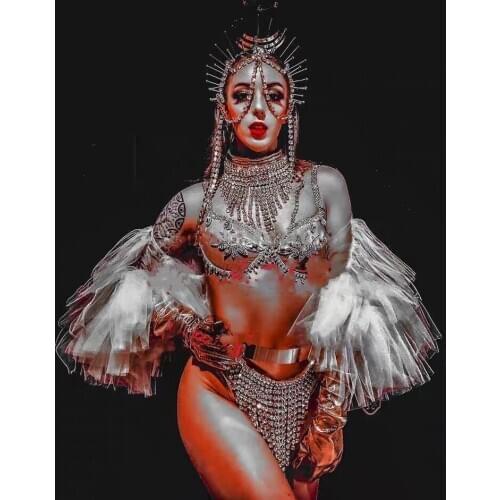 Bar metal mirror chain rhinestone mesh set nightclub gogo costumes women stage dance costume