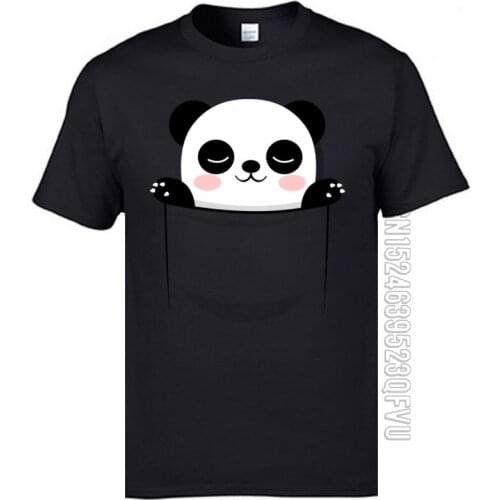 Men Tshirts Pocket Cute Panda Simple Style Tops T Shirt Pure Cotton Round Neck Short Sleeve Design T-Shirt Fast Shipping