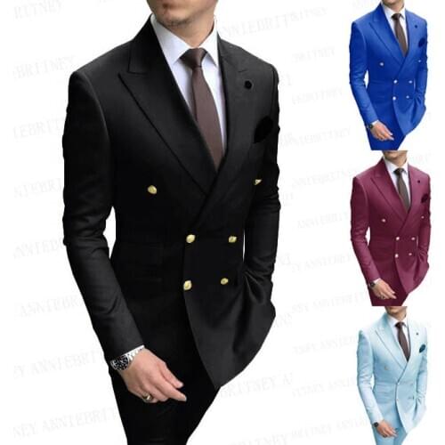 Golden Buttons Black Business Men Suit 2 Pieces Slim Fit Dinner Wedding Groom Tuxedo Tailored Double Breasted Jacket Pants Set