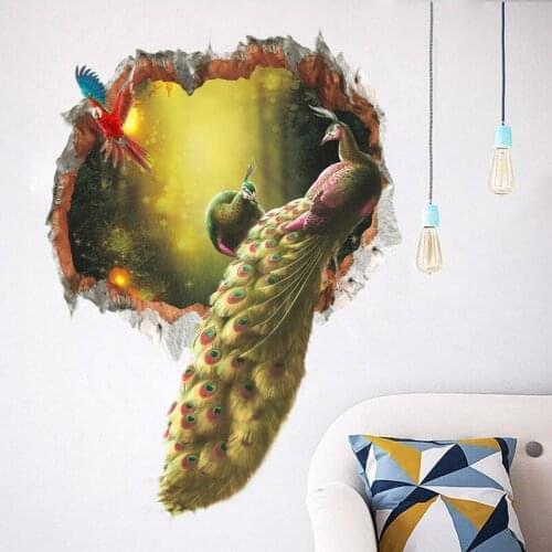 Peacock Broken Hole Wall Stickers Bedroom Decoration 3d Birds Animal Mural Art Diy Home Decals Poster