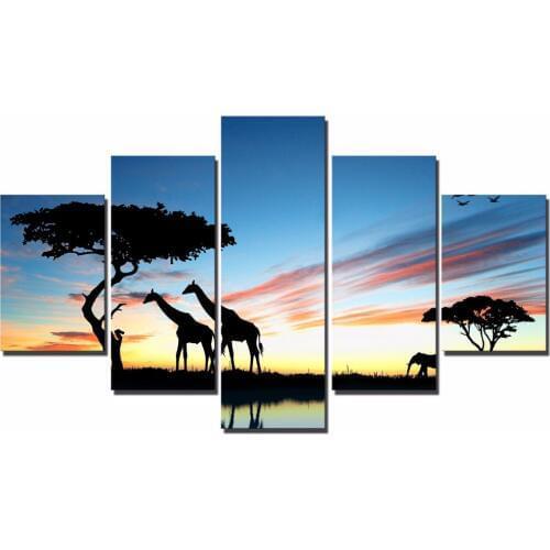 5 Panels Giraffes Posters For Living Room Large Size Sunset Modular Modern Pictures Cuadros Wall Art Animals Canvas Painting