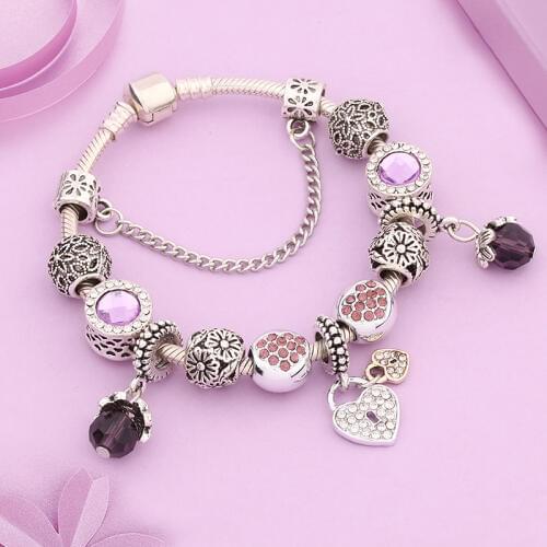 Dropshipping Hot Purple Heart Crystal Charm Bracelet Tibetan Silver Flower Plant Bead Bracelets & Bangles DIY Handmade Bracelet