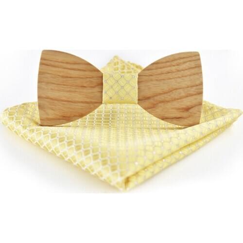 Dropshipping yellow ash wooden bow tie set for mens women wood butterfly bowtie gift with kerchief