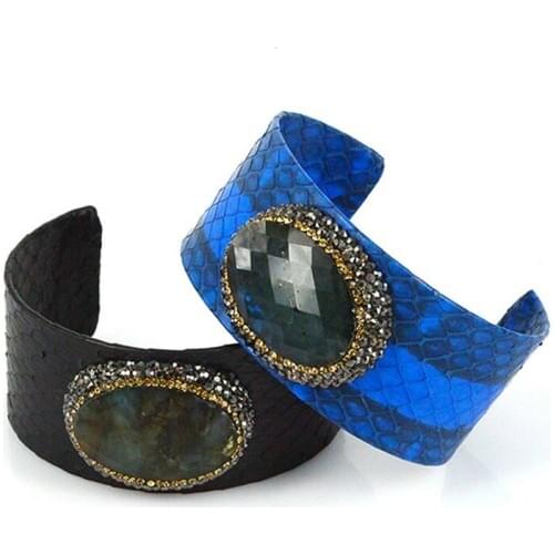 Luxury jewelry black royal blue leather with natural cutted oval stone pave rhinestone charm adjustable open bangles for women
