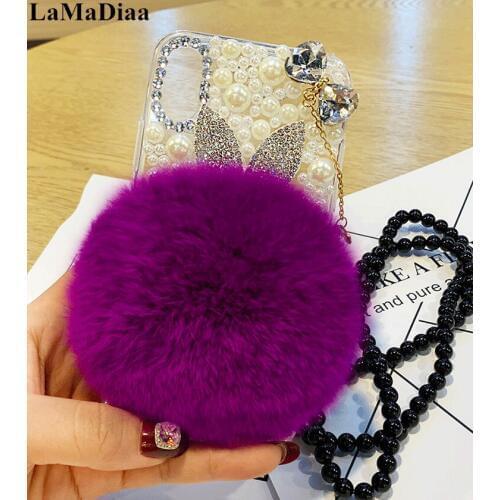 Luxury Bling Diamond Rabbit Plush Fur Pearl Bowknot Pendant Back Cover Case For Samsung A3 A5 A7 2017 A9 A8 A6 PLUS A50 A70 A80