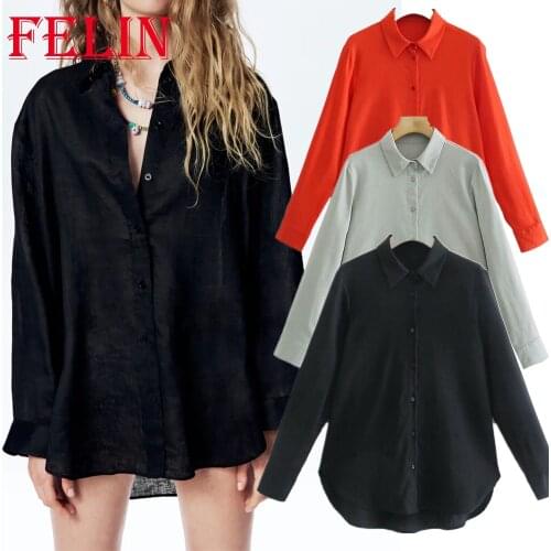 Za 2021 Women Chic Black Linen Oversized Long Shirts Solid Black Single Button Casual Blouses Long Sleeve Elegant Mujer Tops