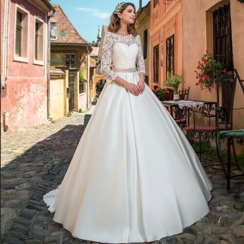 O-neck 3/4 Sleeves Applique Satin A-line Wedding Dress with Belt Sweep Train High Quality Bridal Gown Robe de Mariee