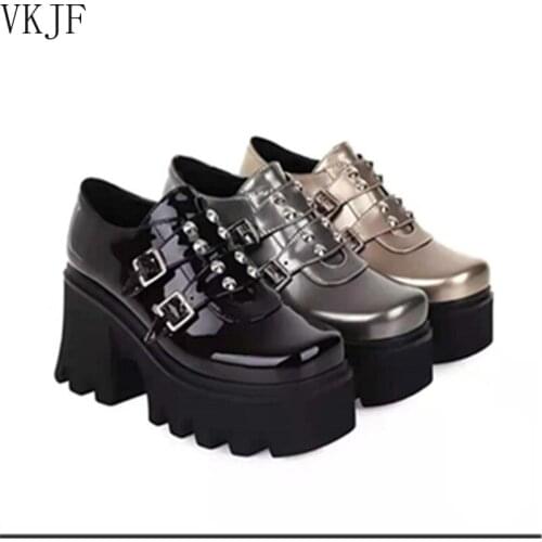 Fashion Rivets Creepers Platform Shoes Gothic Chunky Heel Women Shoes High Heel Gold Silver Patent Leather Plus