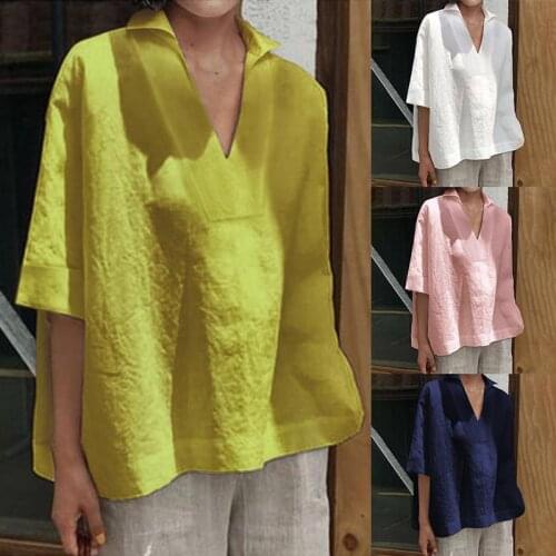 Vintage Woman Summer Blouses ZANZEA 2021 Solid Tops Casual 3/4 Sleeve Blusas Female V Neck Tunic Female Cotton Chemise Oversize