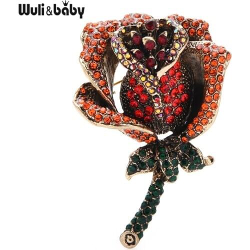 Wuli&baby Vintage Full Rhinestone Rose Brooch Pins For Women Girl Jewelry Gift 3 Colors Classic Design Brooches