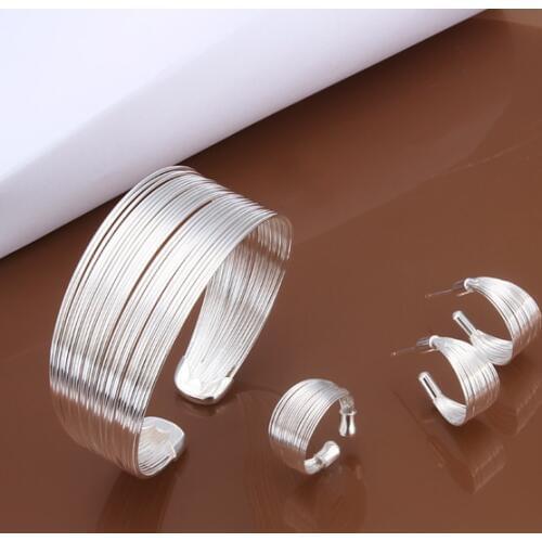 Factory Price Wholesale N925 Jewelry Silver color Plated Lovely Jewelry Sets Bracelet Earrings Ring Free Shipping