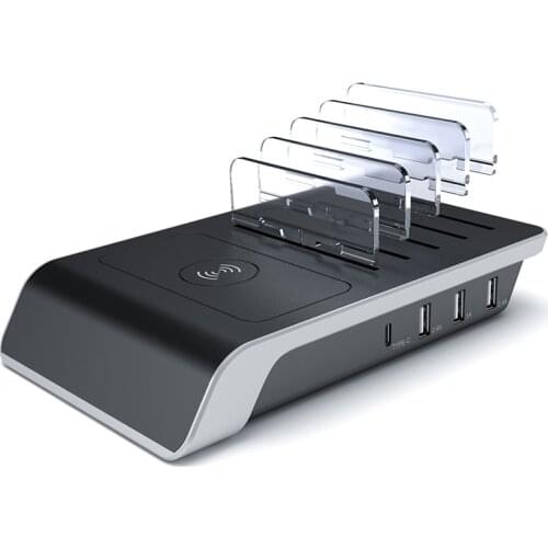 4-Port USB Charger Station with Fast Wireless Charger, Wireless Charging Stand for Multiple Devices Smart Phone Tablet Laptop
