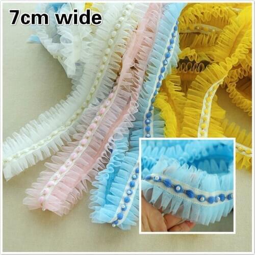 7cm Wide Trend Handmade Beaded Mesh Pleated Lace applique Ribbon Diy Ladies Childrens Skirt Dressing Tassel Accessories renda