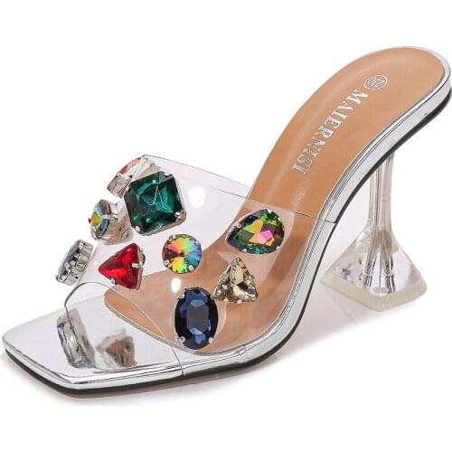 Womens Open Toe Rainbow Diamond Crystal PVC Clear Transparent Slipper High Heel Sandals Shoes Plus Size 35-46 New