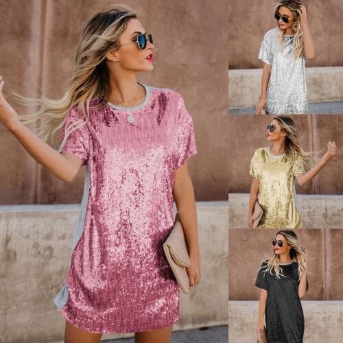 New Streetwear Straight Patchwork Sequined Knee-length O-neck Summer Dress Women Party Dress Summer Clothes For Women 931250