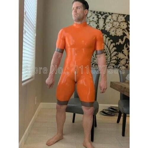100% Natural Latex Catsuit Orange Latex Bodysuit Males Fetish Short Sleeve Latex Jumpsuit with Crotch Zipper