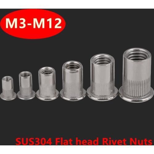 50pcs M3 M4 M5 M6 M8 M10 M12 Rivet Nut 304 Stainless steel Insert Nut A2 Blind Rivet nut Inserts Flat Head Rivet Nut Rivnut Kits